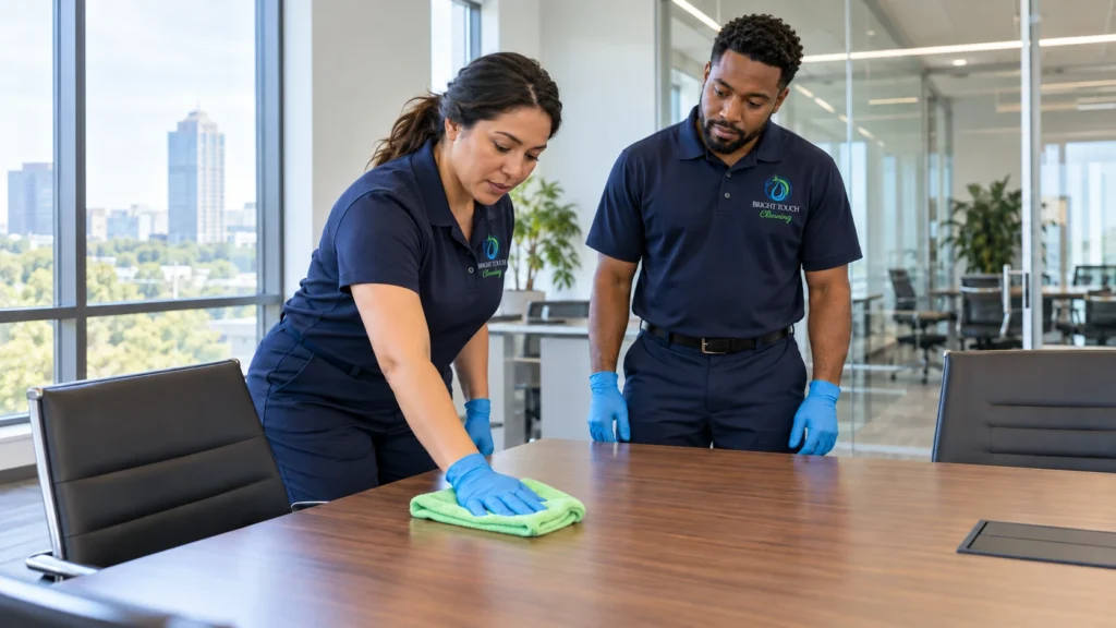 Two people from a Marietta cleaning company clean a conference table with a green cloth in a modern office with large windows and city views.