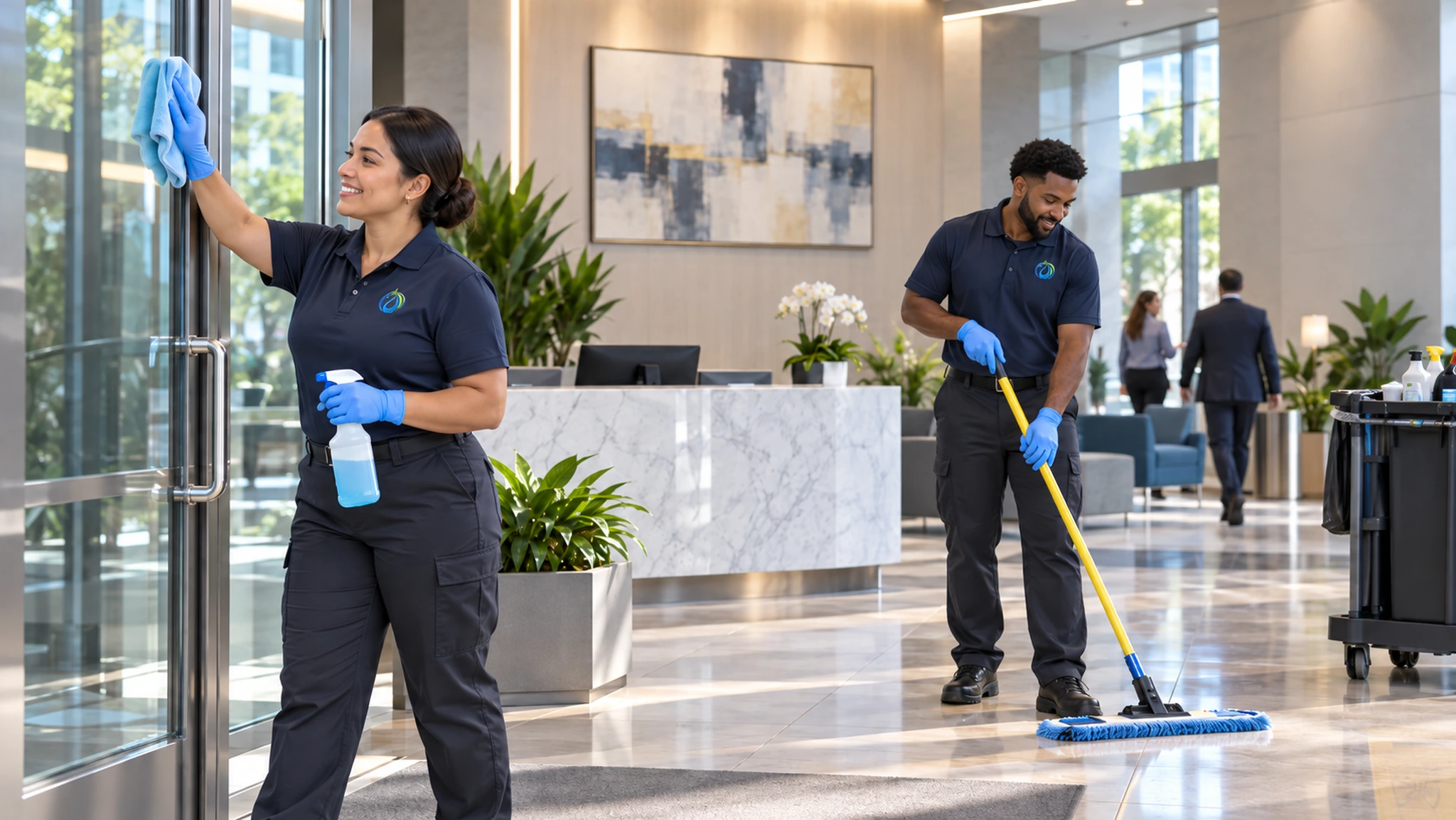 Two janitors in uniforms clean a modern office lobby; one wipes glass with a cloth, the other mops the floor. Both wear blue gloves, exemplifying the professionalism of quality Day Porter Services.
