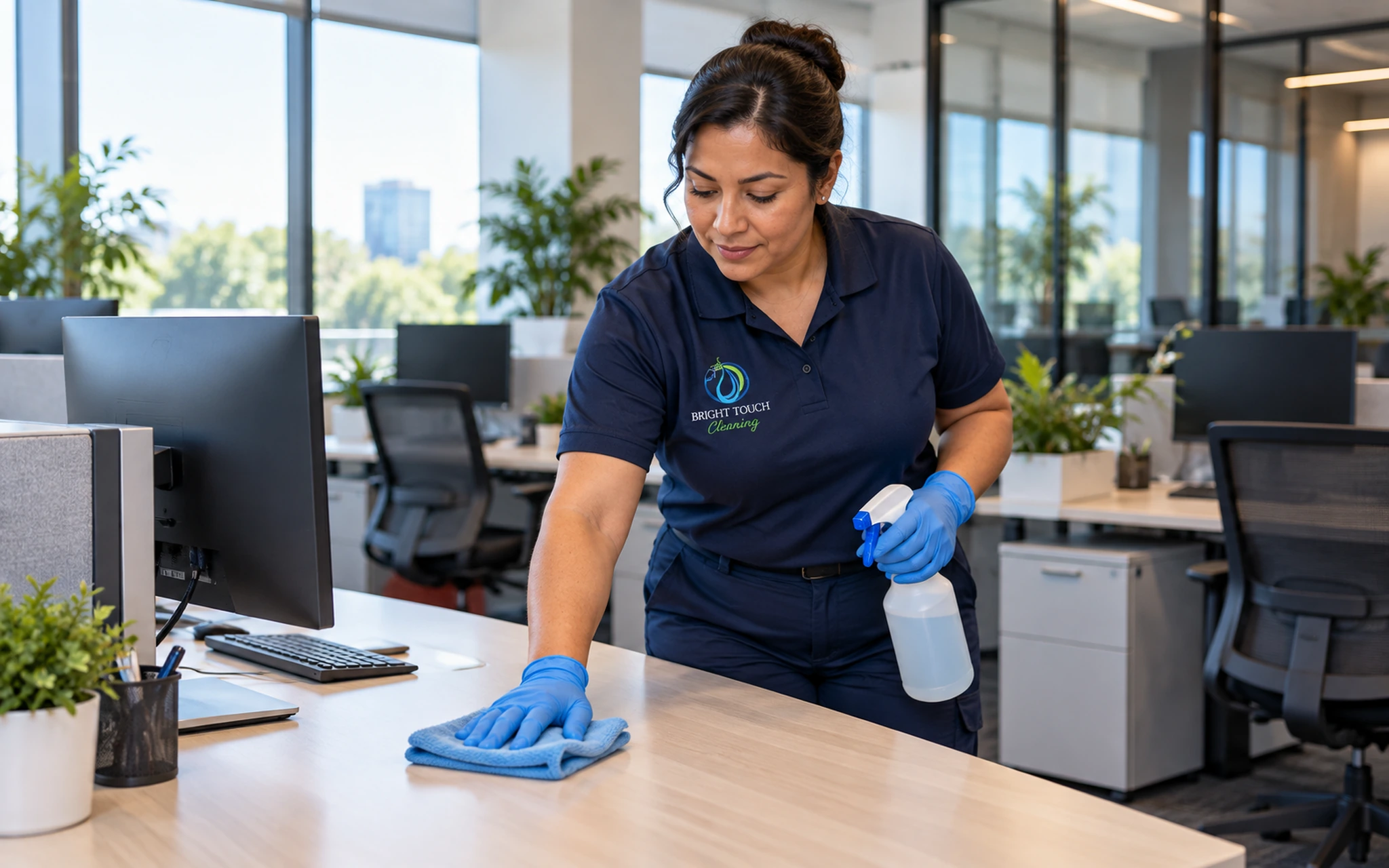 A woman wearing gloves wipes a desk with a cloth and holds a spray bottle, diligently performing office cleaning in a modern workspace filled with computers and plants.