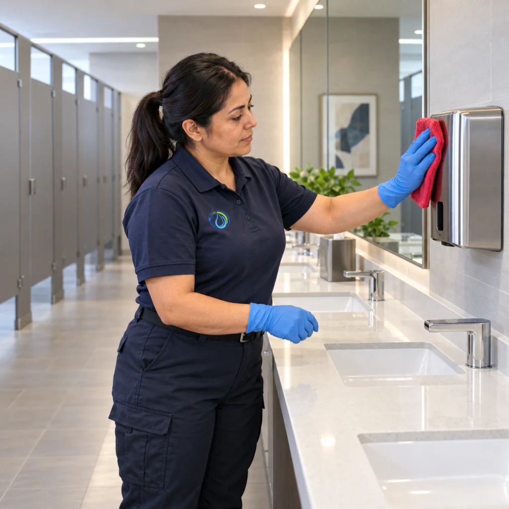 A woman wearing gloves and a uniform wipes a soap dispenser with a red cloth in a clean public restroom with sinks and stalls, demonstrating thorough facility cleaning.