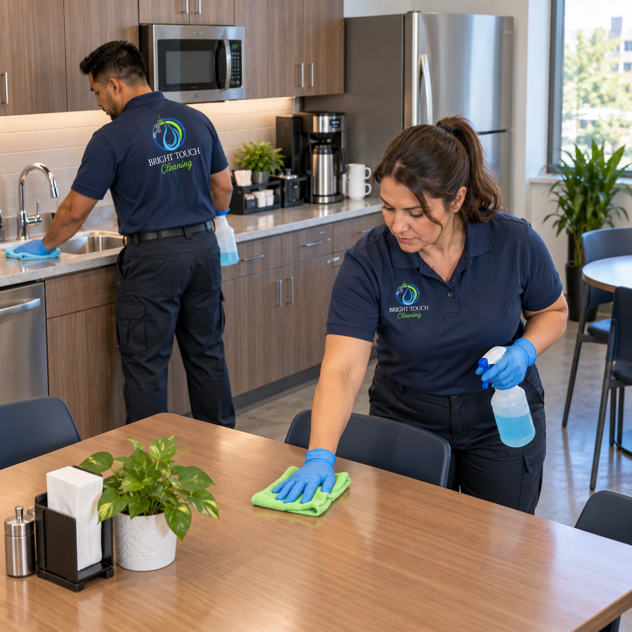 Two cleaning staff wearing gloves clean a break room; one wipes a table while the other cleans a sink. Both wear navy uniforms with “Bright Touch Cleaning” logos, showcasing their expertise in commercial cleaning services.