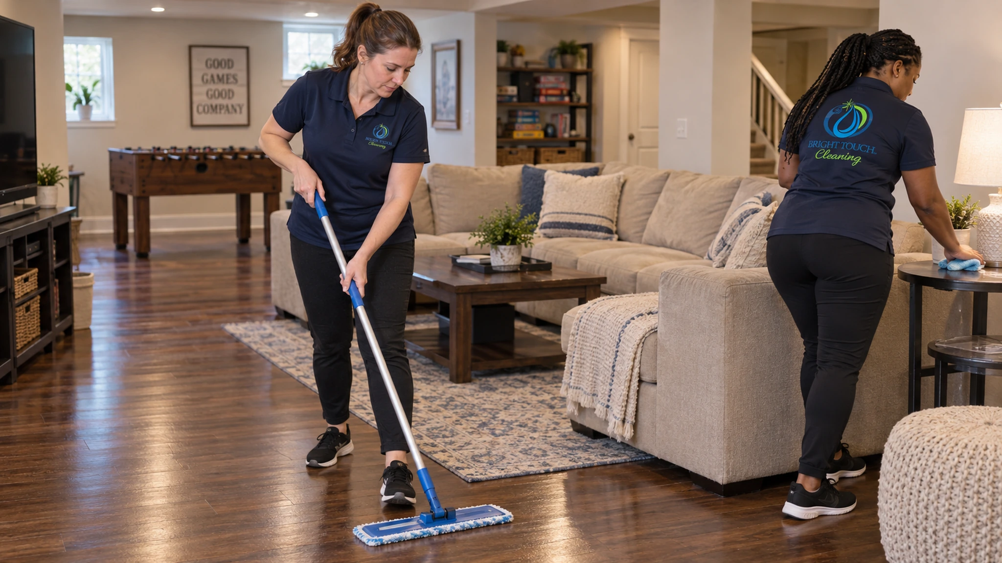 About us page image of two uniformed cleaners tidying a living room, one mopping the wooden floor and the other wiping a surface near a beige sofa.