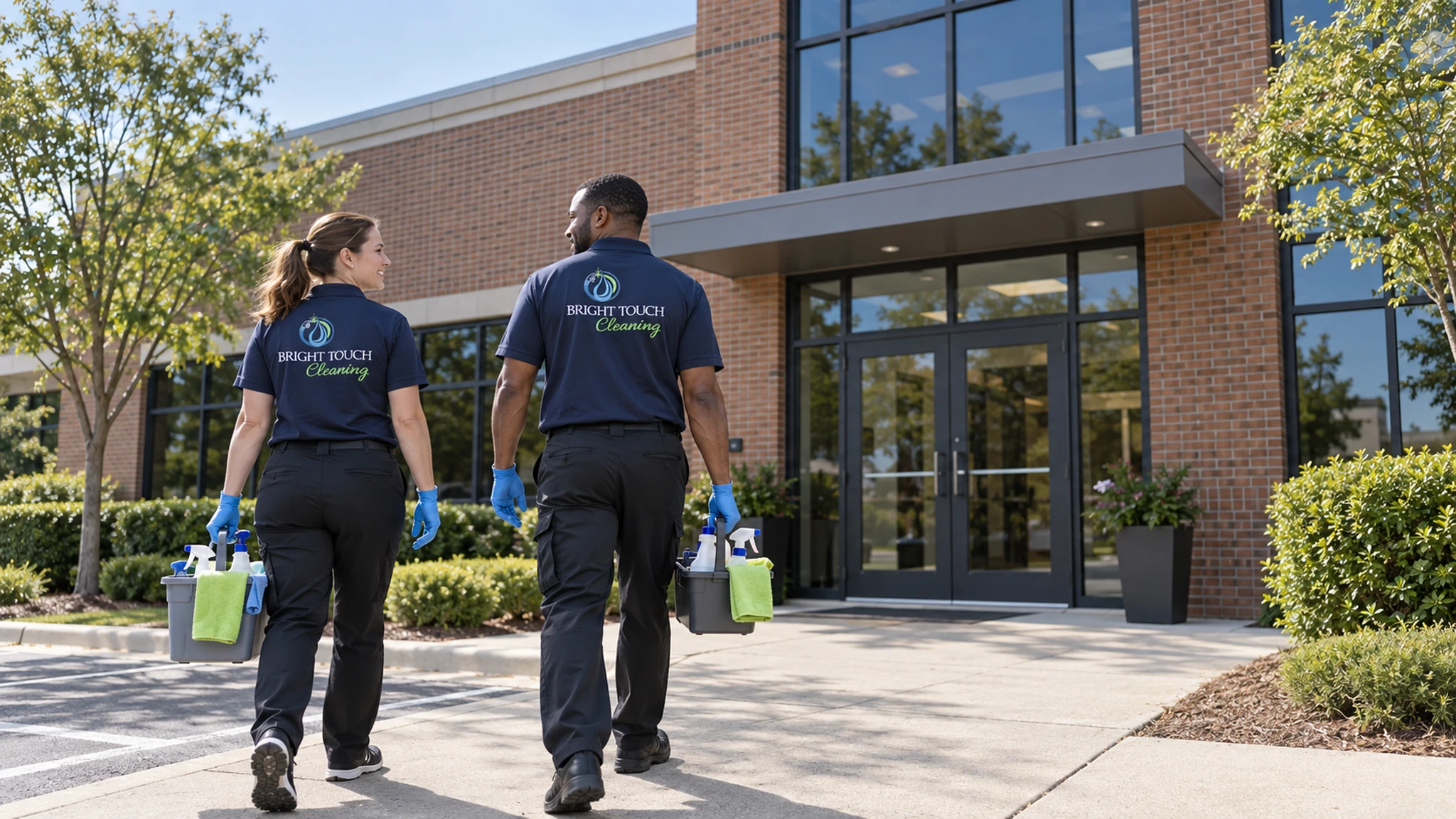 Two uniformed cleaning staff carrying supplies walk toward the entrance of a modern brick office building on a sunny day, ready to provide professional cleaning services and thorough sanitization.