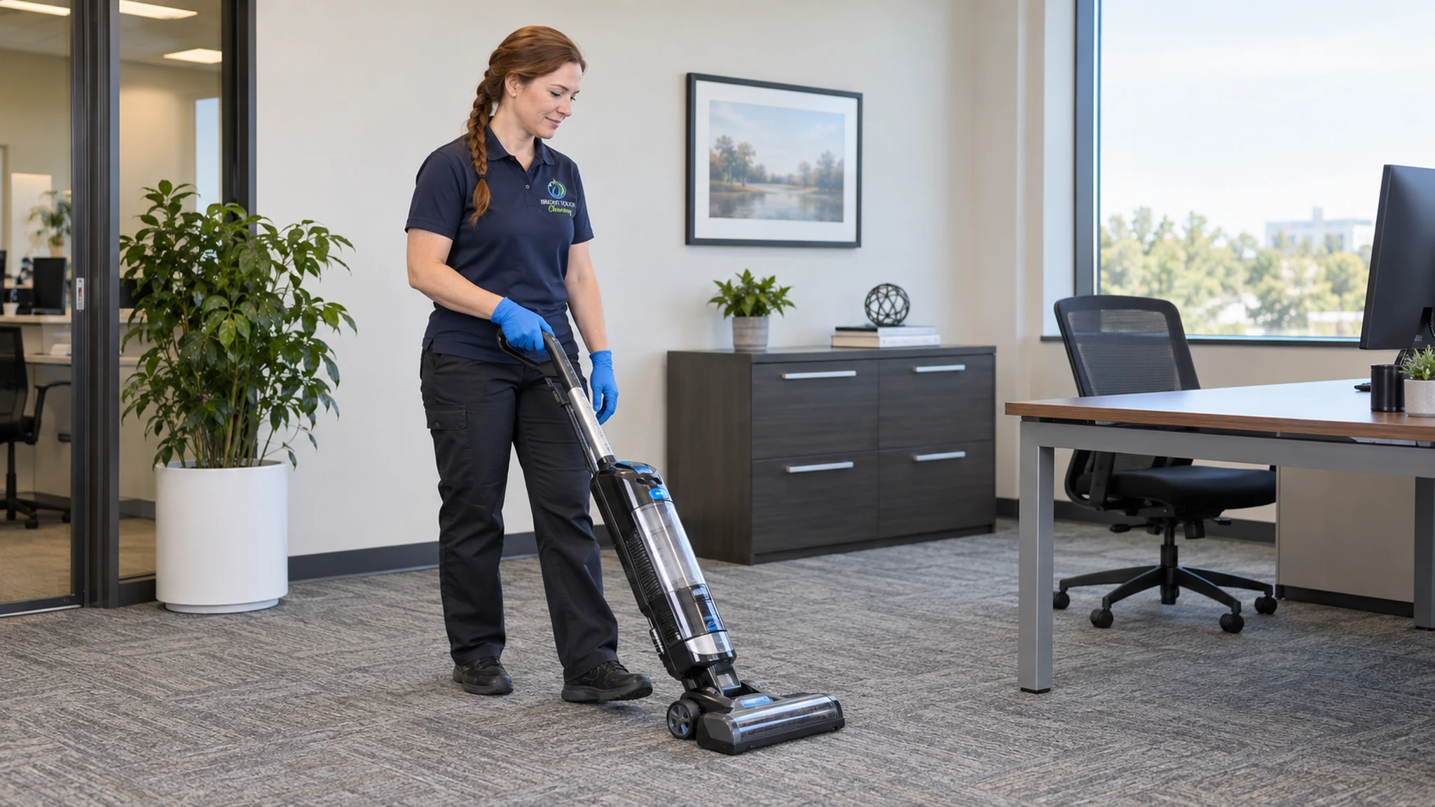 A woman wearing gloves and uniform provides commercial floor care as she vacuums the carpet in a modern office with desks, a plant, and large windows.