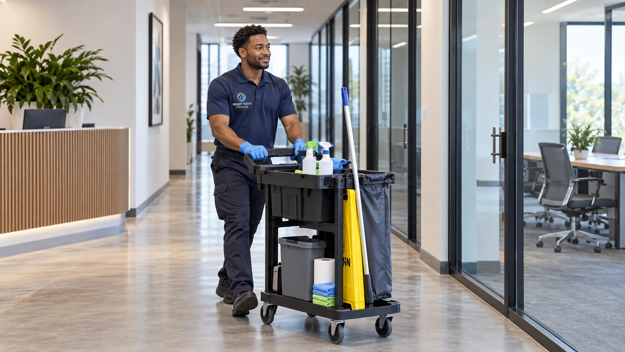 A janitor in uniform pushes a cleaning cart with supplies down a modern office hallway with glass-walled rooms, delivering professional Cleaning Services and thorough Sanitization to maintain a healthy work environment.