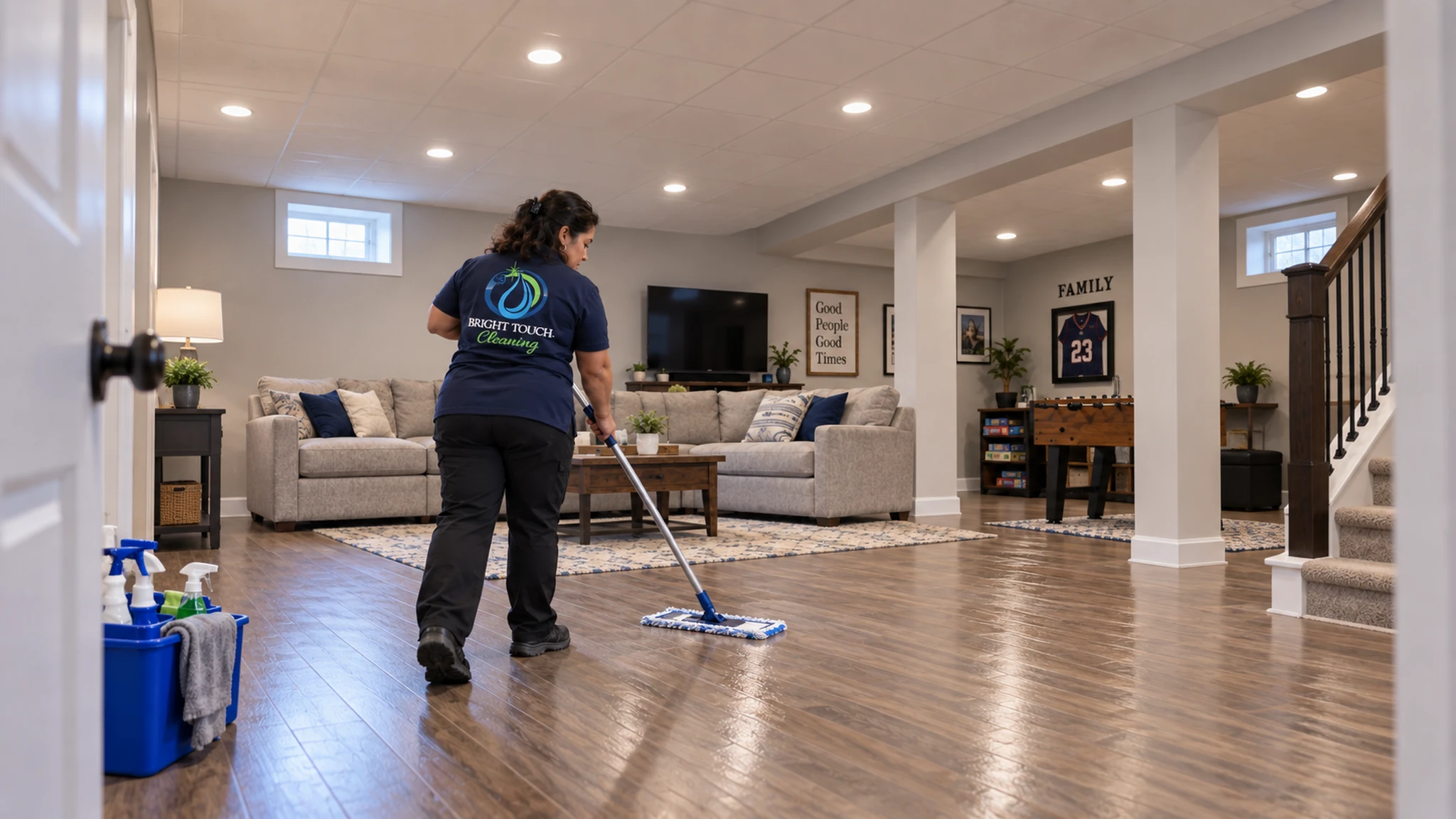 A person mops the hardwood floor of a spacious, neatly arranged living room with beige sofas and sports décor.