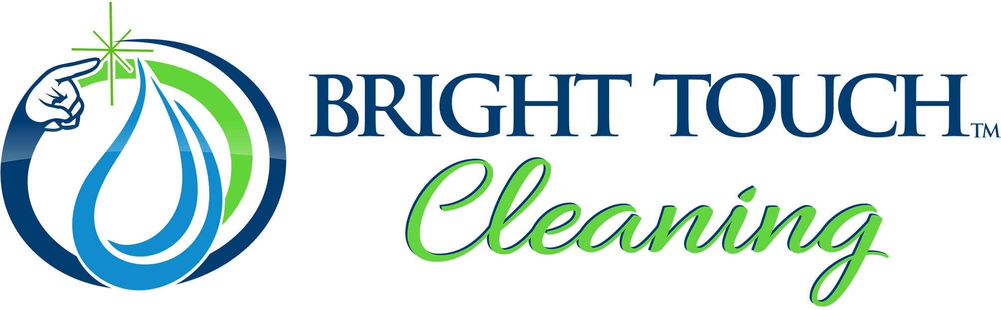 Logo for Bright Touch Cleaning with a hand touching a sparkle above a blue and green water droplet, and the company name in blue and green text to the right—a perfect header element for your Elementor website.