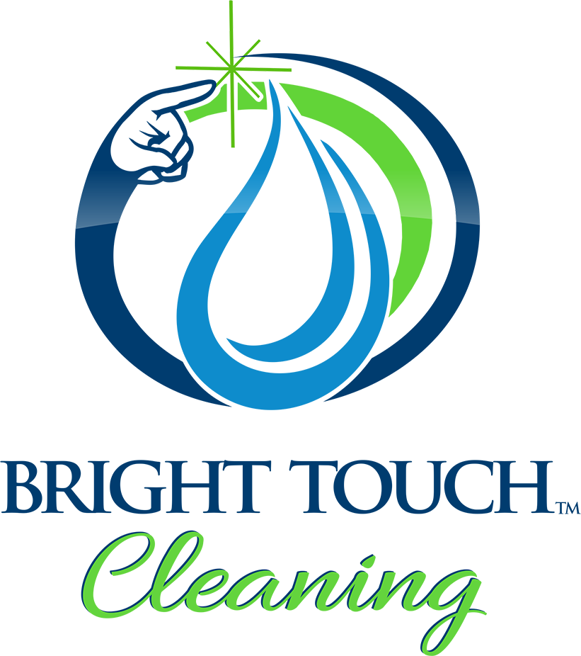 Logo for Bright Touch Cleaning featuring a hand touching a sparkling star above a stylized water droplet, with blue and green color accents—perfect for use in your Elementor Header to create a clean, professional first impression.
