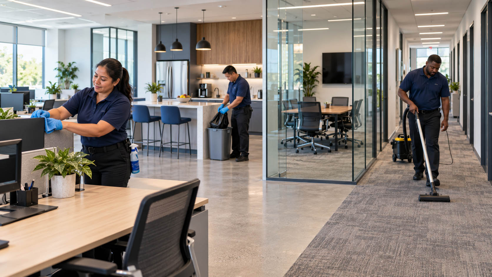 Three custodial staff clean a modern office; one wipes a desk, another empties trash, and a third vacuums the carpeted hallway.