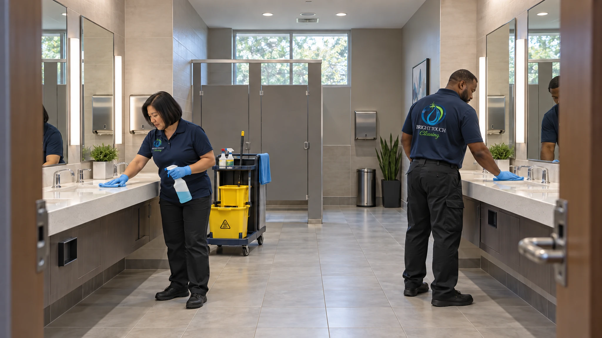 Two janitors clean sinks in a modern public restroom. A yellow cleaning cart and supplies are visible between them. Both are wearing uniforms and blue gloves.