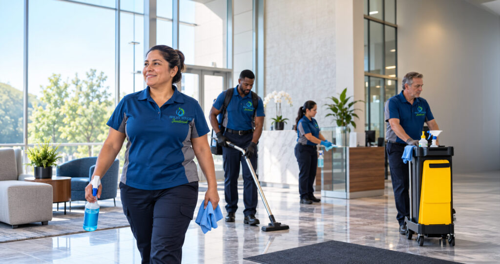 Blog image of four janitors in blue uniforms cleaning a modern office lobby with cleaning supplies, a vacuum, and a yellow cart.