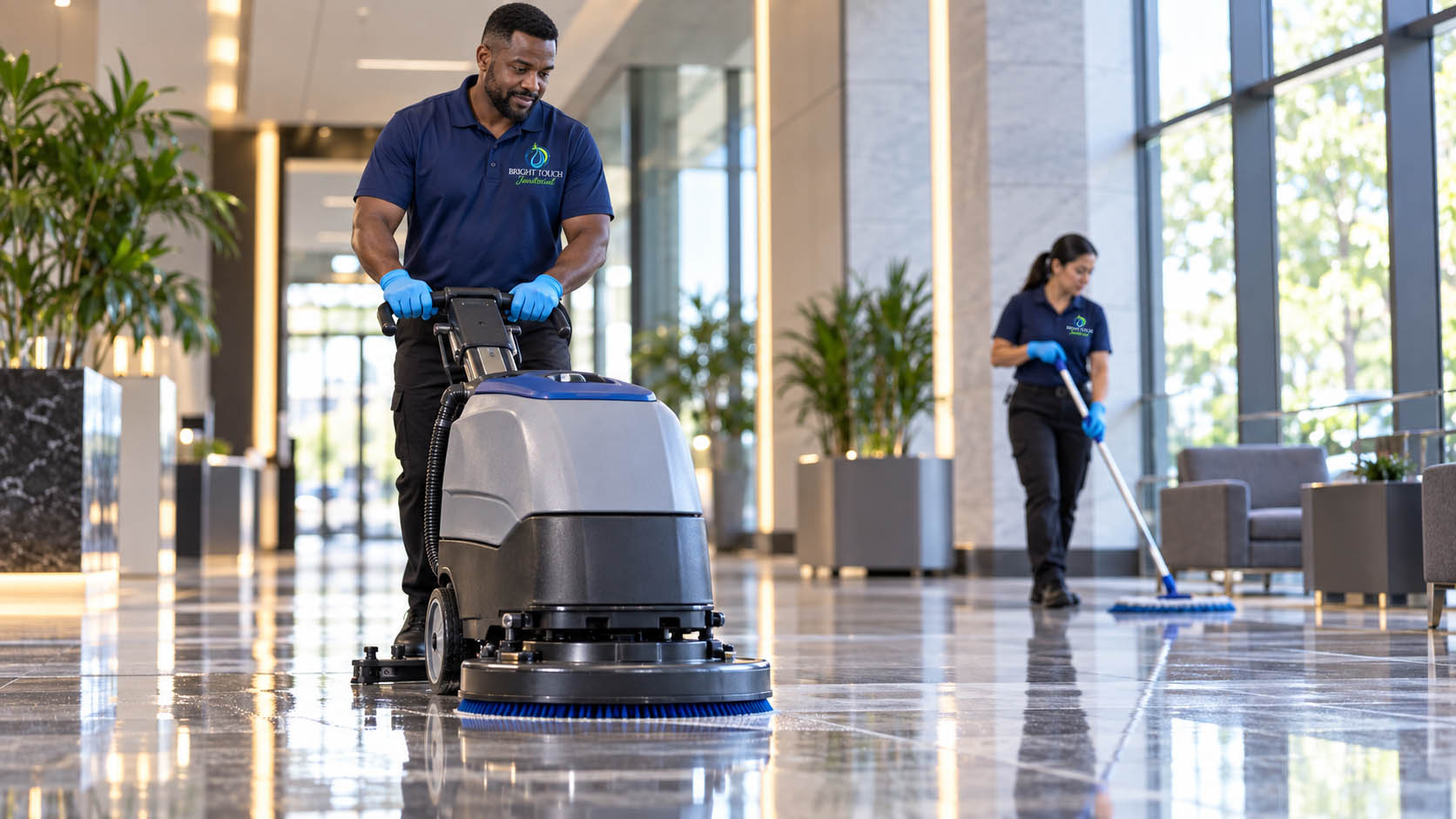 Contact page image of two custodial workers cleaning a modern building lobby, one using a floor scrubber and the other mopping in the background.