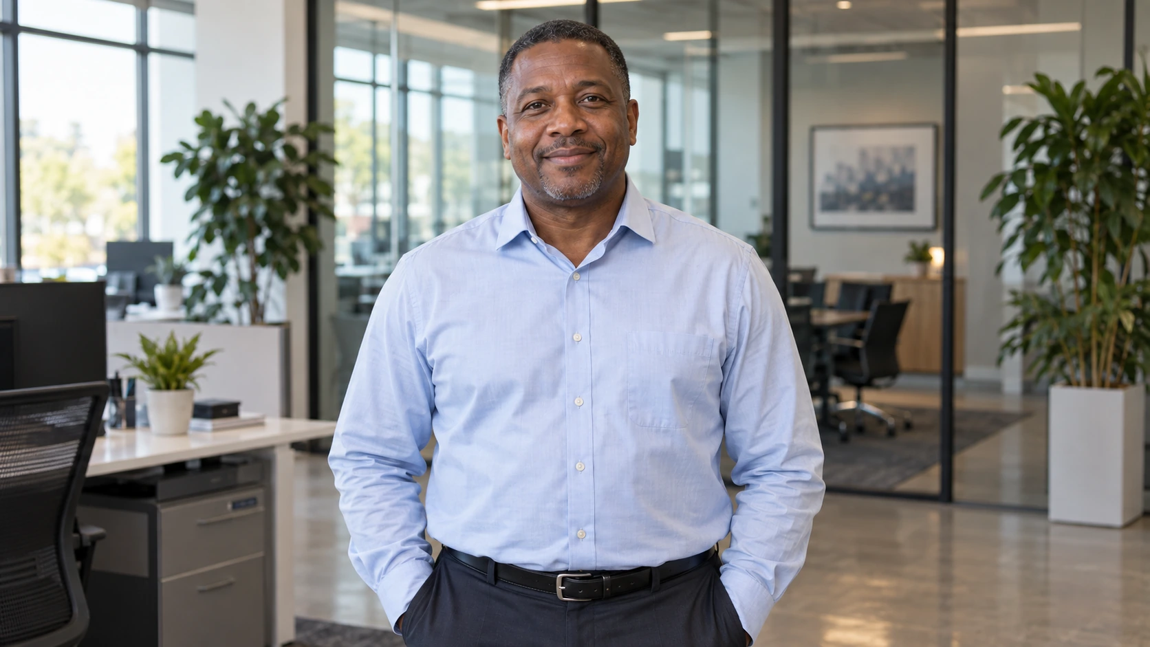 A man in a light blue shirt stands with hands in pockets in a modern office with glass walls, plants, and desks in the background.