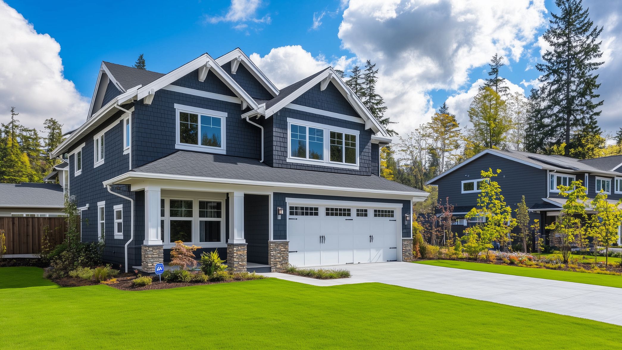 Two-story blue house with white trim, a front porch, and an attached double garage, set on a green lawn with trees and a driveway under a partly cloudy sky.