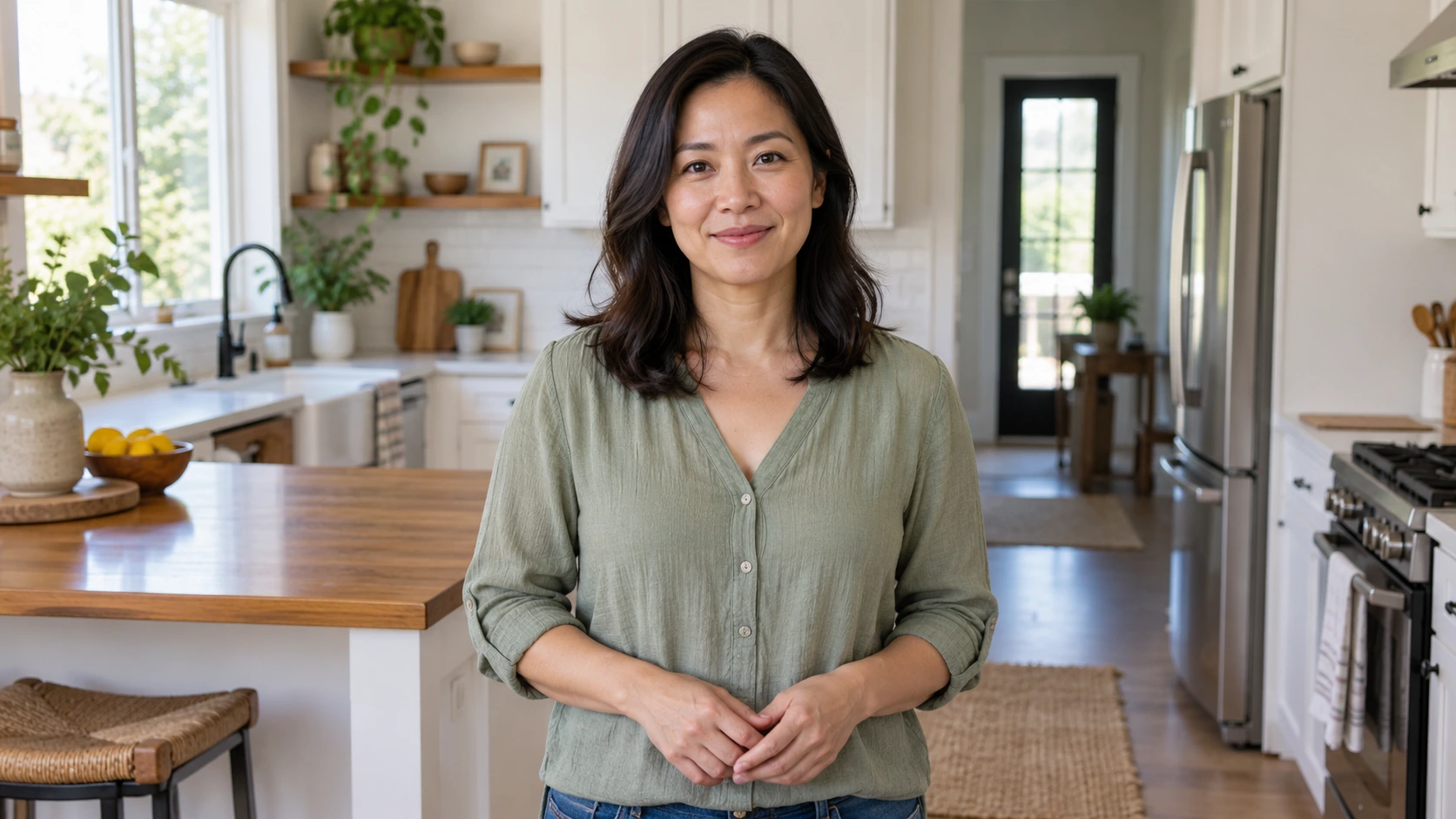 Woman stands in a bright, modern kitchen with wooden countertops, white cabinets, and plants. She faces the camera, smiling gently with hands clasped.