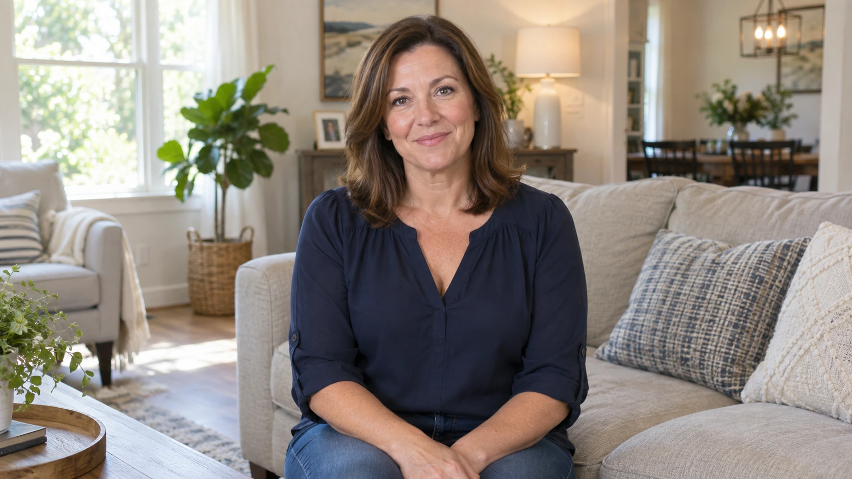 Woman with shoulder-length brown hair sits on a beige sofa in a living room, smiling at the camera. There are plants, pillows, and soft lighting in the background.